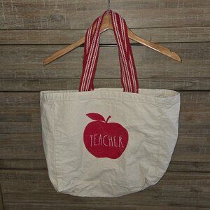 Rae Dunn Large Beige Canvas Teacher Tote Bag Red Apple Reuseable
